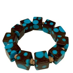 Brown and turquoise squares stretch bracelet. EUC